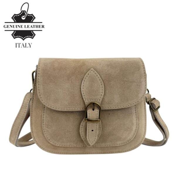 Bolso Bandolera de Serraje Italiano con Gran Calidad, Solapa y Compartimento Frontal para Mujer-Beige- Mayorista España