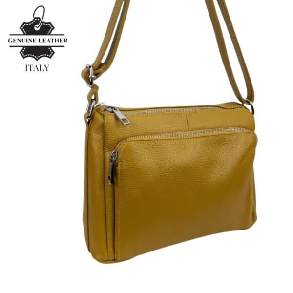 Bolso Bandolera de Piel Italiana con Gran Calidad y 4 Bolsillos con Cremallera para Mujer-Mostaza- Mayorista España