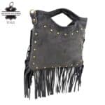 Bolsito de Mano Compacto en Piel de Serraje con Tachuelas Frontales y Flecos Decorativos Mujer - Imagen 2