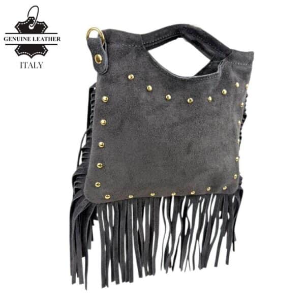 Bolsito de Mano Compacto en Piel de Serraje con Tachuelas Frontales y Flecos Decorativos Mujer - Imagen 2