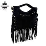 Bolsito de Mano Compacto en Piel de Serraje con Tachuelas Frontales y Flecos Decorativos Mujer - Imagen 3