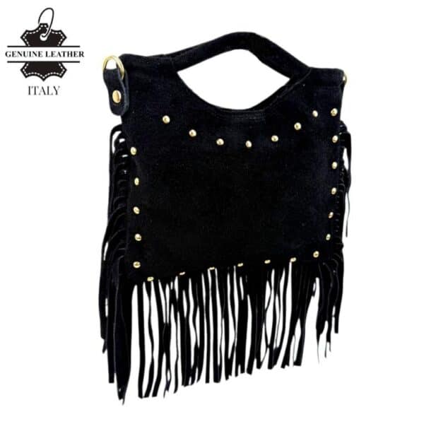 Bolsito de Mano Compacto en Piel de Serraje con Tachuelas Frontales y Flecos Decorativos Mujer - Imagen 3