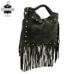 Bolsito de Mano Compacto en Piel de Serraje con Tachuelas Frontales y Flecos Decorativos Mujer - Imagen 4
