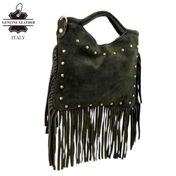 Bolsito de Mano Compacto en Piel de Serraje con Tachuelas Frontales y Flecos Decorativos Mujer - Imagen 4