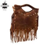Bolsito de Mano Compacto en Piel de Serraje con Tachuelas Frontales y Flecos Decorativos Mujer - Imagen 6