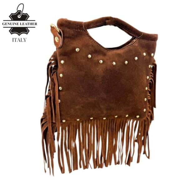 Bolsito de Mano Compacto en Piel de Serraje con Tachuelas Frontales y Flecos Decorativos Mujer - Imagen 6