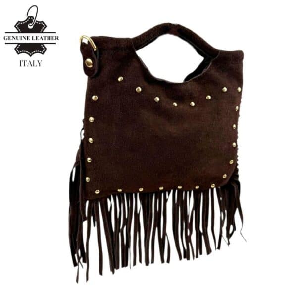 Bolsito de Mano Compacto en Piel de Serraje con Tachuelas Frontales y Flecos Decorativos Mujer - Imagen 7