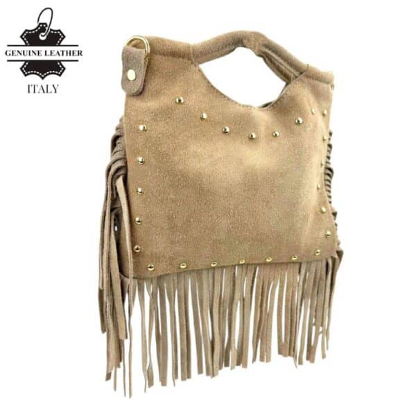 Bolsito de Mano Compacto en Piel de Serraje con Tachuelas Frontales y Flecos Decorativos Mujer - Imagen 5