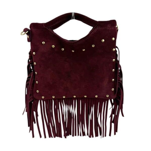 Bolsito de Mano Compacto en Piel de Serraje con Tachuelas Frontales y Flecos Decorativos Mujer - Imagen 10