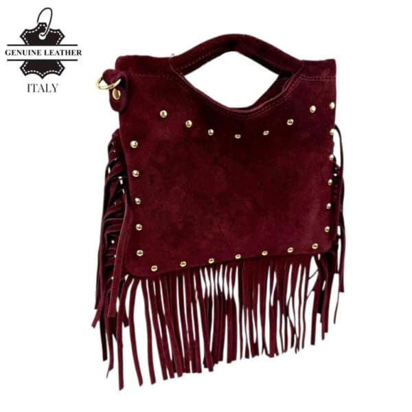 Bolsito de Mano Compacto en Piel de Serraje con Tachuelas Frontales y Flecos Decorativos Mujer - Imagen 8