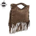 Bolsito de Mano Compacto en Piel de Serraje con Tachuelas Frontales y Flecos Decorativos Mujer