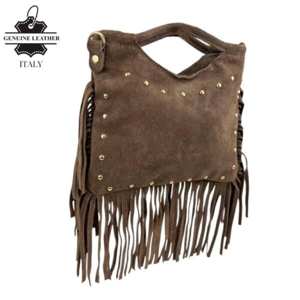 Bolsito de Mano Compacto en Piel de Serraje con Tachuelas Frontales y Flecos Decorativos Mujer-Taupe- Mayorista España