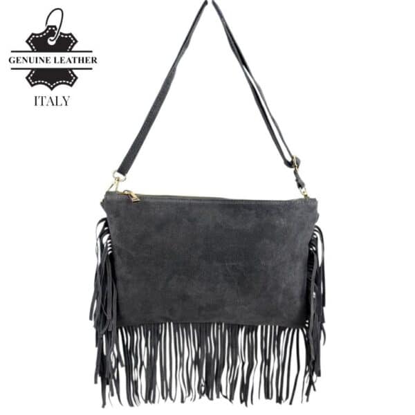 Bolso Bandolera de Serraje Italiano con Gran Calidad, Flecos Decorativos y Cremallera para Mujer - Imagen 4