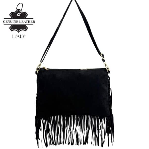 Bolso Bandolera de Serraje Italiano con Gran Calidad, Flecos Decorativos y Cremallera para Mujer - Imagen 5