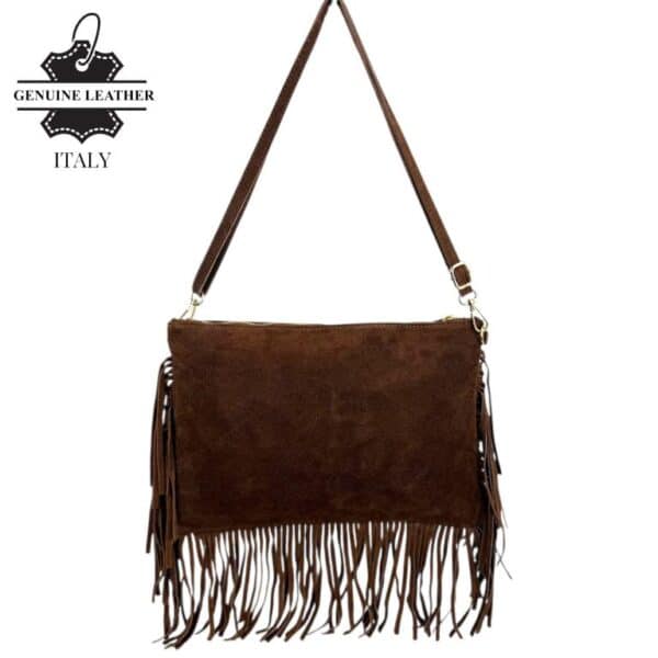 Bolso Bandolera de Serraje Italiano con Gran Calidad, Flecos Decorativos y Cremallera para Mujer - Imagen 9