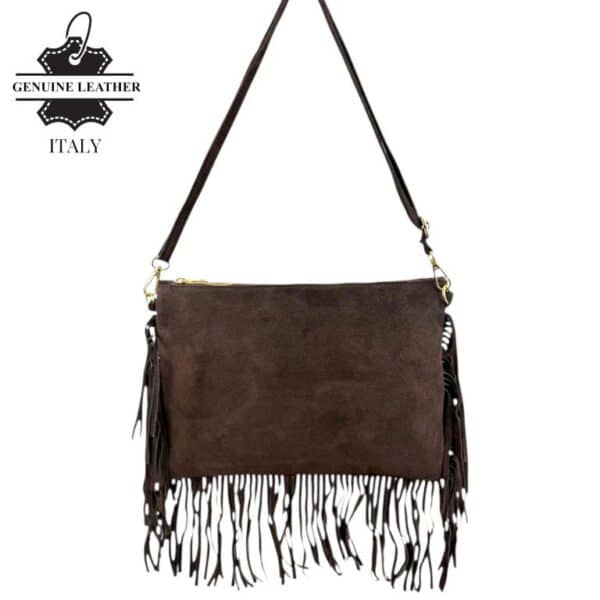 Bolso Bandolera de Serraje Italiano con Gran Calidad, Flecos Decorativos y Cremallera para Mujer - Imagen 7