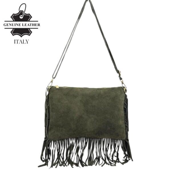 Bolso Bandolera de Serraje Italiano con Gran Calidad, Flecos Decorativos y Cremallera para Mujer - Imagen 2
