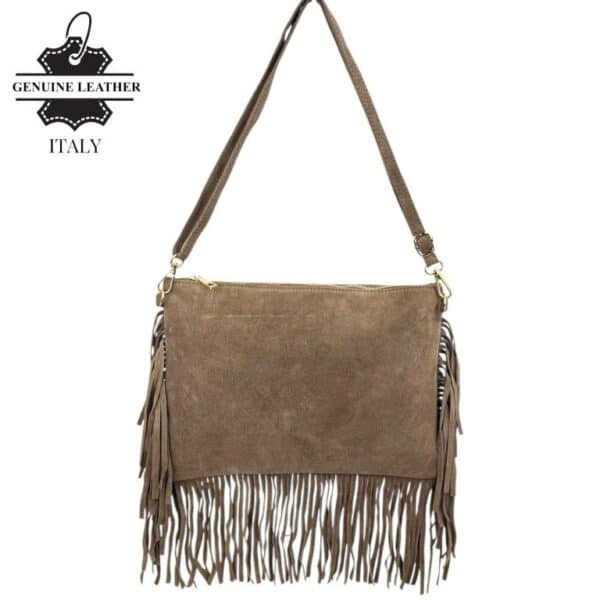 Bolso Bandolera de Serraje Italiano con Gran Calidad, Flecos Decorativos y Cremallera para Mujer - Imagen 3