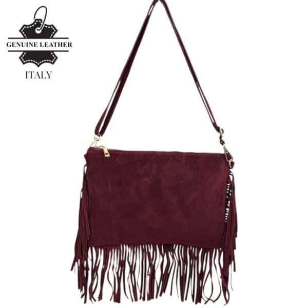 Bolso Bandolera de Serraje Italiano con Gran Calidad, Flecos Decorativos y Cremallera para Mujer-Vino- Mayorista España