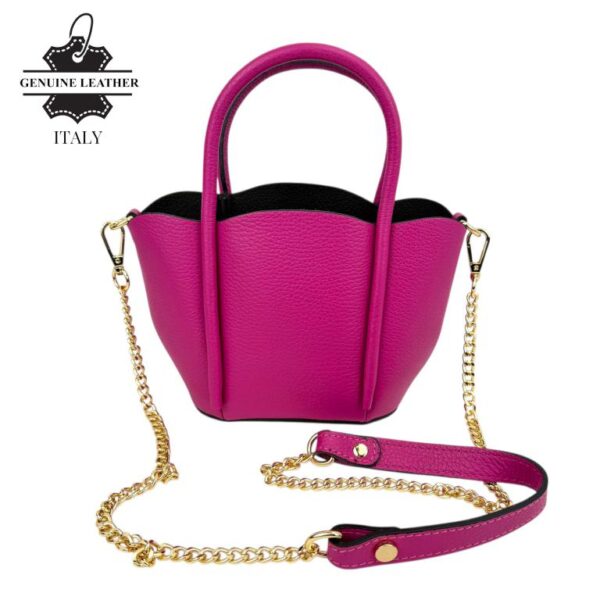 Bolso de Mano Compacto en Piel Italiana con Asa Larga de Cadena y Neceser Extra para Mujer-Fucsia- Mayorista España