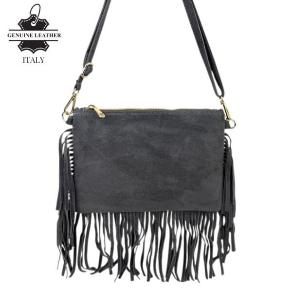 Bolso Bandolera en Piel de Serraje Italiano con Flecos Decorativos y Cremallera para Mujer - Imagen 4
