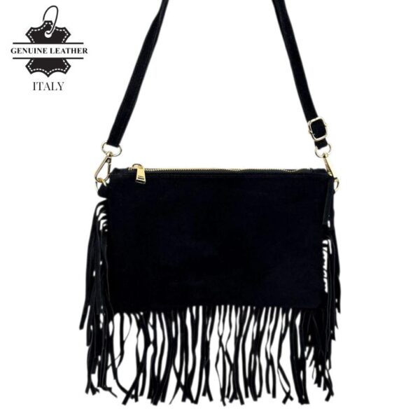 Bolso Bandolera en Piel de Serraje Italiano con Flecos Decorativos y Cremallera para Mujer - Imagen 3