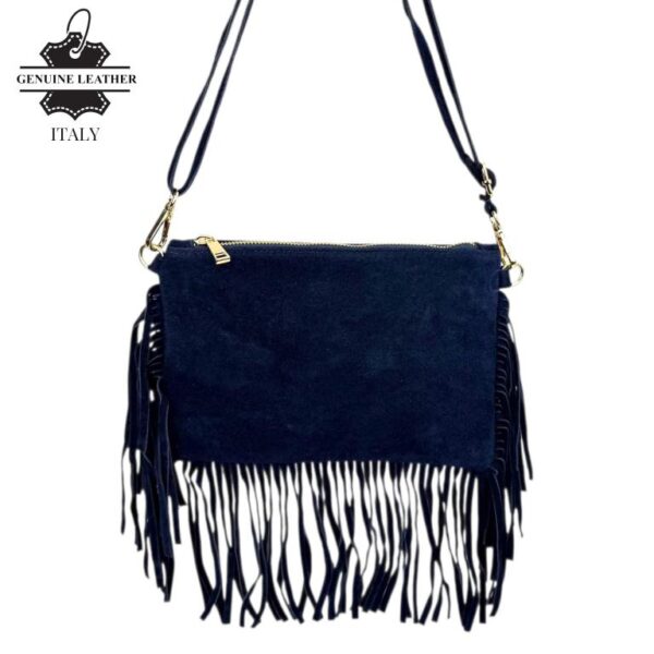 Bolso Bandolera en Piel de Serraje Italiano con Flecos Decorativos y Cremallera para Mujer - Imagen 2