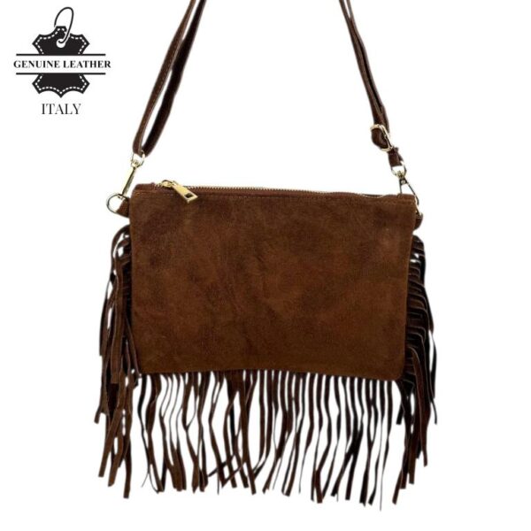 Bolso Bandolera en Piel de Serraje Italiano con Flecos Decorativos y Cremallera para Mujer - Imagen 5
