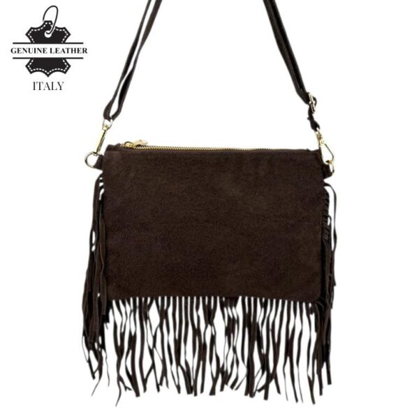 Bolso Bandolera en Piel de Serraje Italiano con Flecos Decorativos y Cremallera para Mujer - Imagen 6