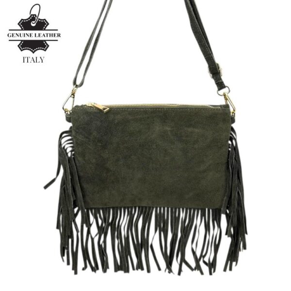 Bolso Bandolera en Piel de Serraje Italiano con Flecos Decorativos y Cremallera para Mujer - Imagen 8