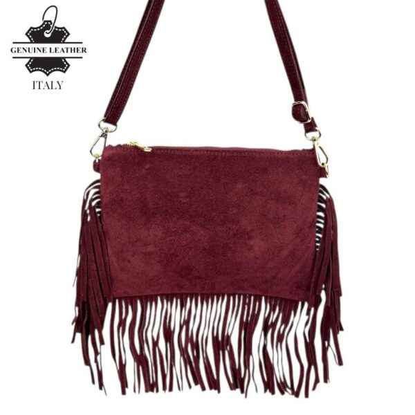 Bolso Bandolera en Piel de Serraje Italiano con Flecos Decorativos y Cremallera para Mujer - Imagen 9