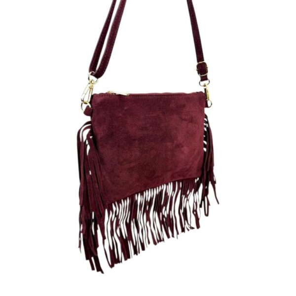 Bolso Bandolera en Piel de Serraje Italiano con Flecos Decorativos y Cremallera para Mujer - Imagen 11