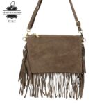 Bolso Bandolera en Piel de Serraje Italiano con Flecos Decorativos y Cremallera para Mujer
