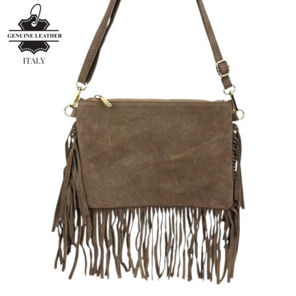 Bolso Bandolera en Piel de Serraje Italiano con Flecos Decorativos y Cremallera para Mujer-Taupe- Mayoristas España