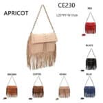 Bolso de Hombro Sintético Tipo Serraje con Flecos y Piedras Frontales Decorativas para Mujer