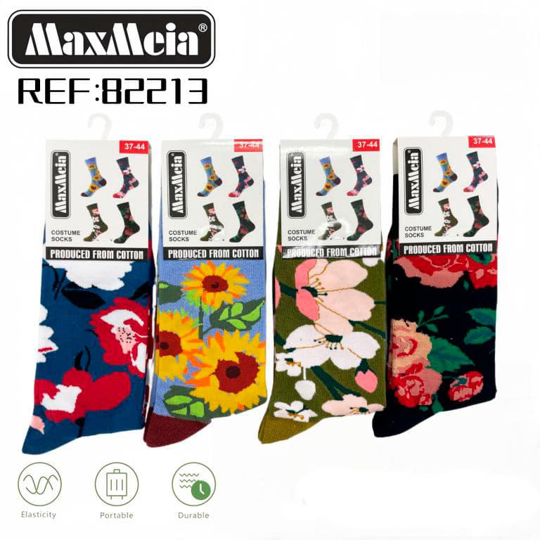 CGMX82213-All Calcetines Largos Elásticos y Duraderos Unisex en Algodón con Diseño Flores y Talla Única - Imagen 1