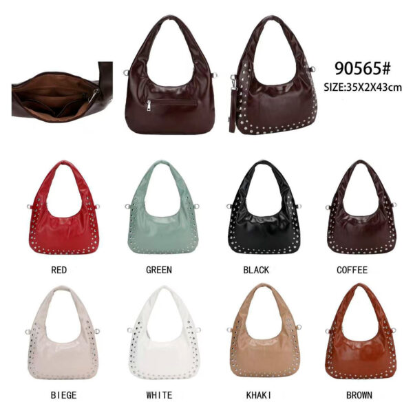Bolso de Hombro Sintético Medialuna con Tachuelas Frontales, Bolsillo Trasero y Cremallera para Mujer-All- Mayorista España