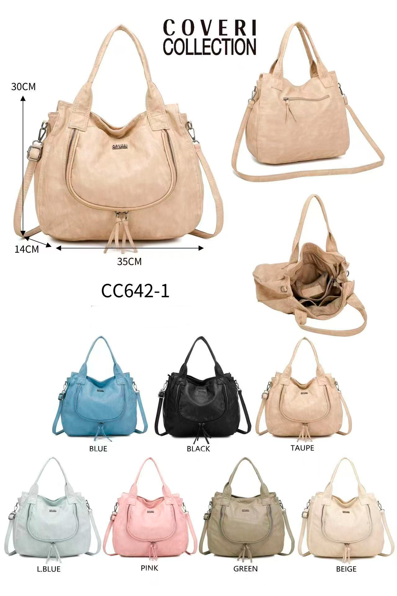 CGCC642-1-All Bolso de Mano Sintético Estilo Hobo Vintage Lavado Coveri Collection con 3 Bolsillos Exteriores para Mujer - Imagen 1