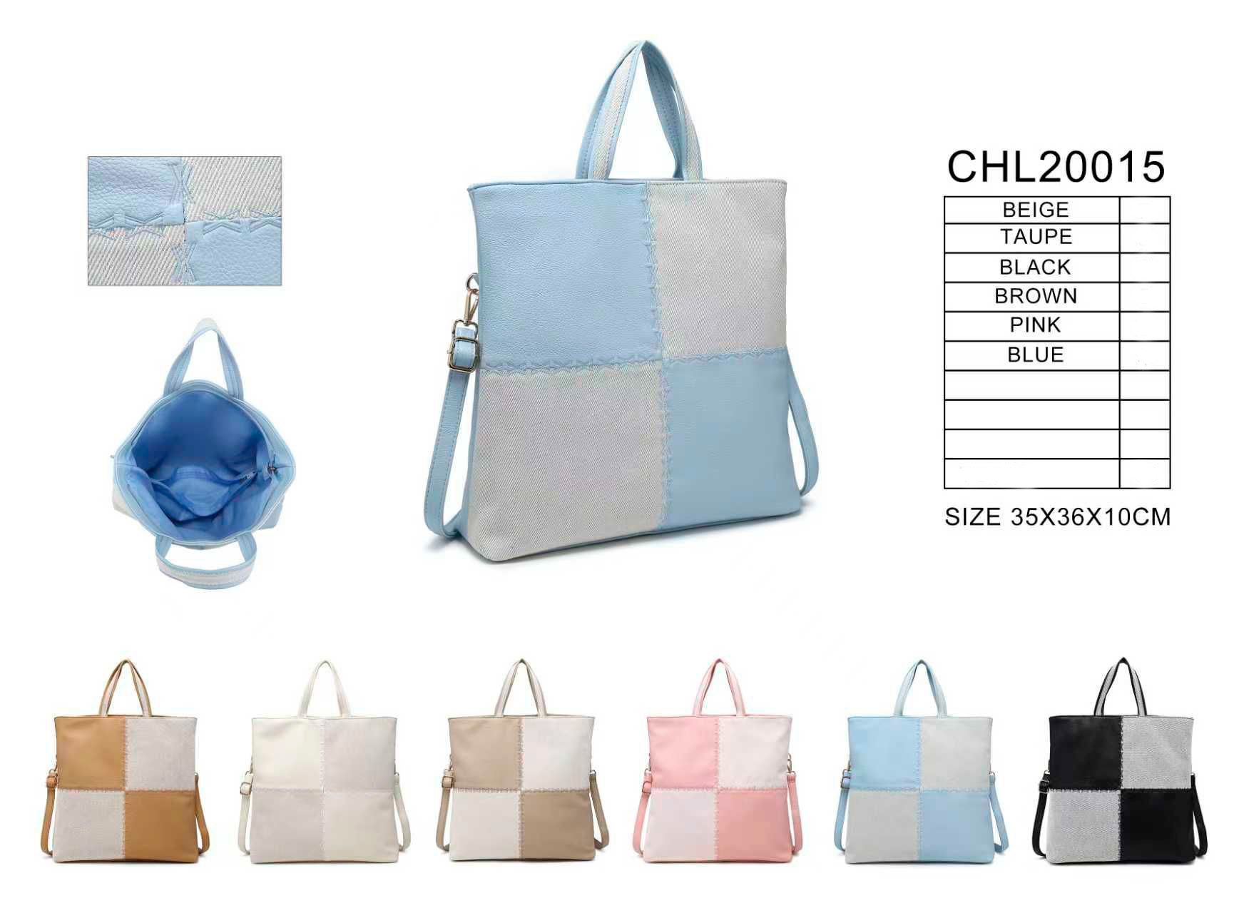 CGCHL20015-All Bolso de Mano Sintético Bicolor con Diseño de Cuadrados, 2 Asas Cortas y Gran Capacidad para Mujer - Imagen 1