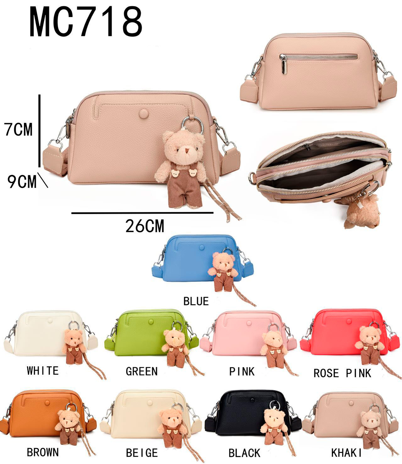 CGMC718-All Bolso Bandolera Sintético con Bonito Osito Decorativo y 4 Compartimentos para Mujer - Imagen 1