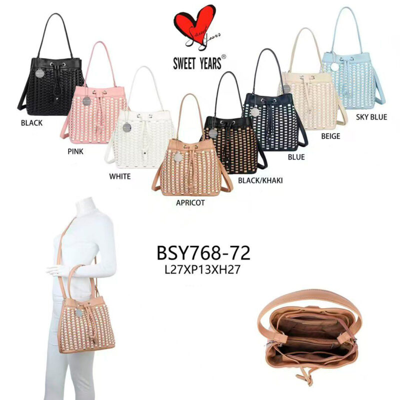 Bolso de Hombro Sintético tipo Bucket con Cierre de Cuerdas, Cremallera y Bolsillo Trasero para Mujer-All- Mayorista España