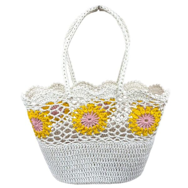 Amplia Cesta de Ganchillo con Bonito Diseño y Saquito Interno de Cuerdas para Mujer-Amarillo- Mayorista España