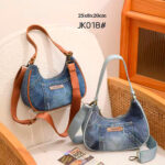 Bolso de Hombro con Diseño Medialuna en Algodón Tela Vaquera con Cierre de Cremallera para Mujer