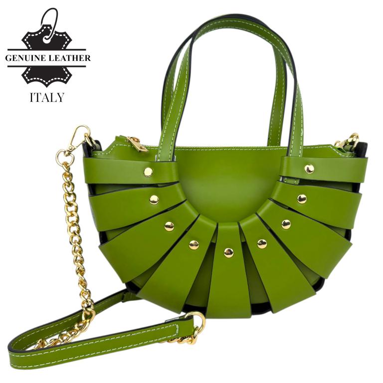 CG58054-Verde Bolso de Mano en Piel Italiana con Diseño Original, Tachuelas y Asa Larga de Cadena para Mujer - Imagen 1