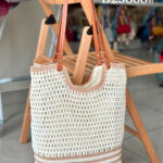 Amplio Bolso de Hombro Bicolor en Algodón tipo Ganchillo con Asas Largas y Cremallera Mujer