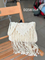 Bolso de Hombro en Algodón tipo Ganchillo con Solapa de Flecos y Asa Larga para Mujer