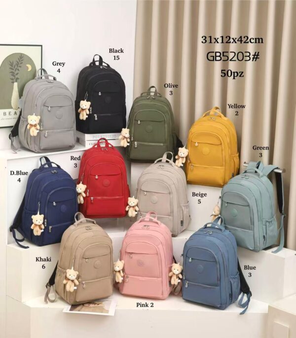 Mochila de Nylon para Mujer con Osito Decorativo, Gran Capacidad y 4 Bolsillos Frontales - Imagen 2