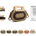 Amplio Bolso de Mano Bicolor en Nylon y Hierba con Asas Cortas de Madera para Mujer