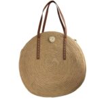 Amplio Bolso de Yute con Asas Largas, Diseño Circular y Decoración Frontal para Mujer