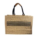 Amplio Bolso Canasta de Papel con 2 Asas, Diseño de Rayas y Cierre de Cremallera para Mujer